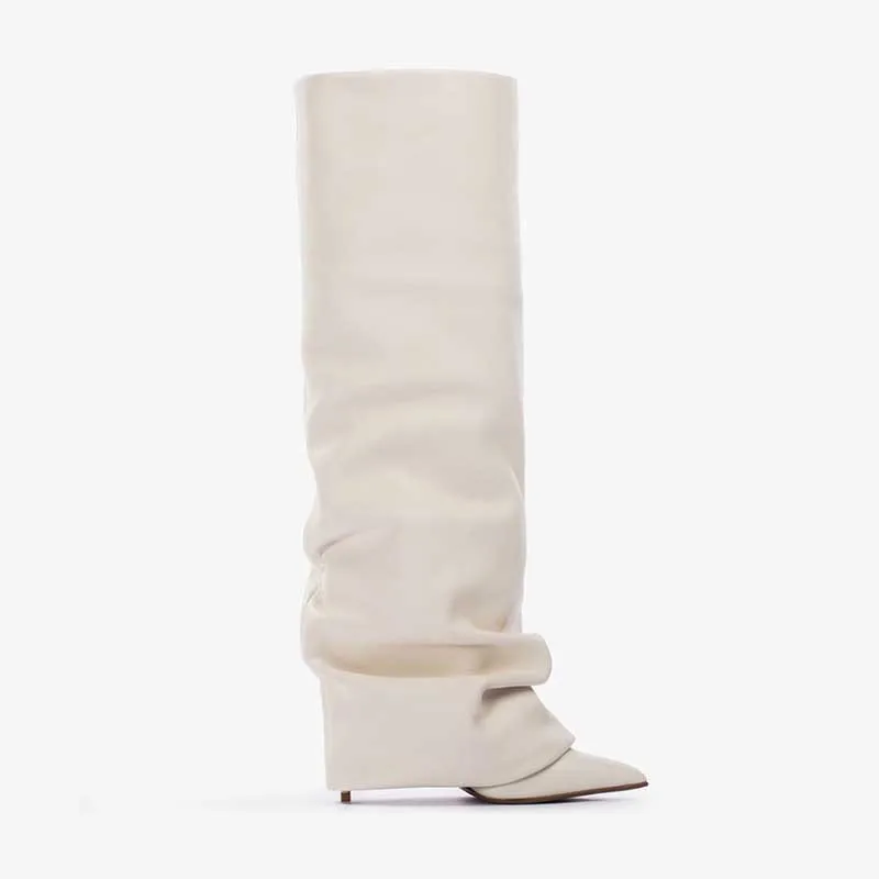 Women'S Fashion Trousers - Botas Altas Negras Puntiagudas Plisadas Estilo