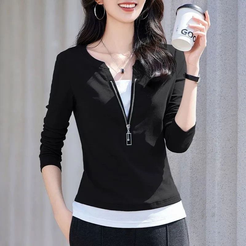 Women'S Fashion Quarter Zip - Blusa falsa de dos piezas de