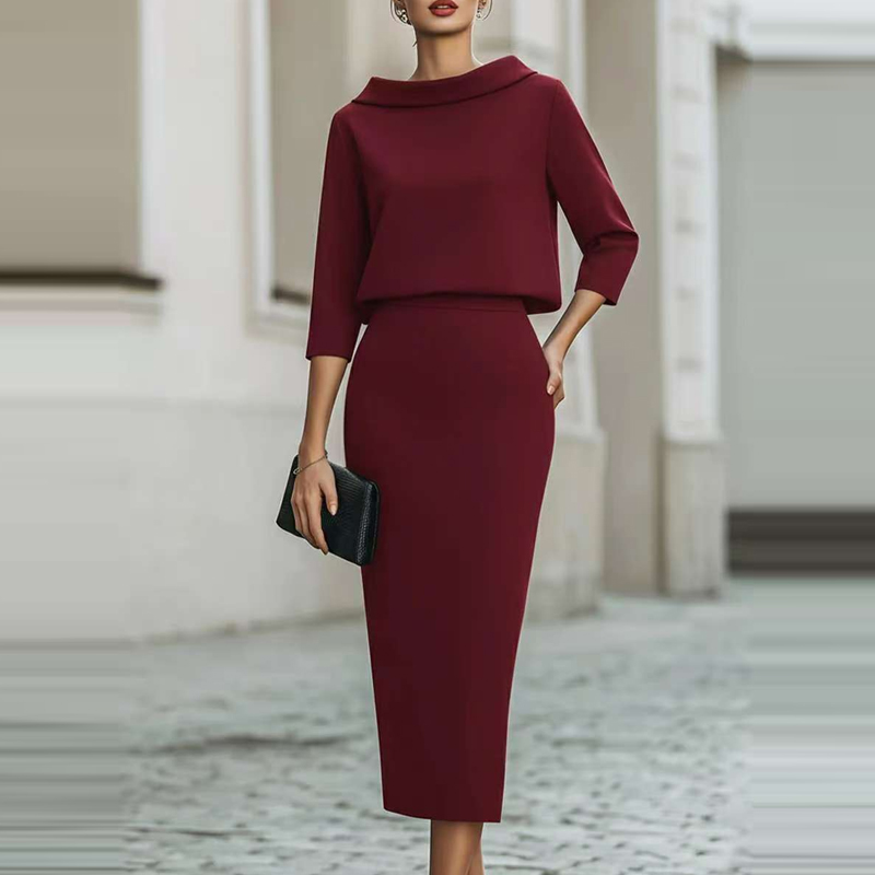 Women'S Fashion Quarter Zip - Conjunto Elegante de Falda Midi Ajustada