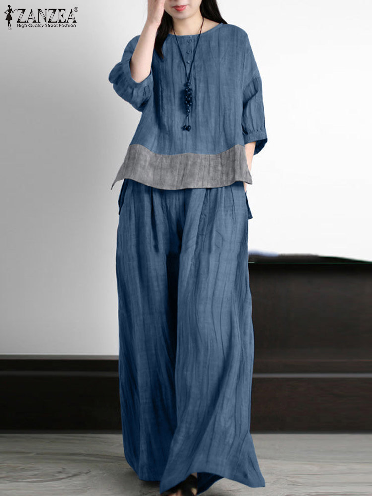 Wide Leg Palazzo Pants - ZANZEA-Conjuntos a juego Vintage de verano,