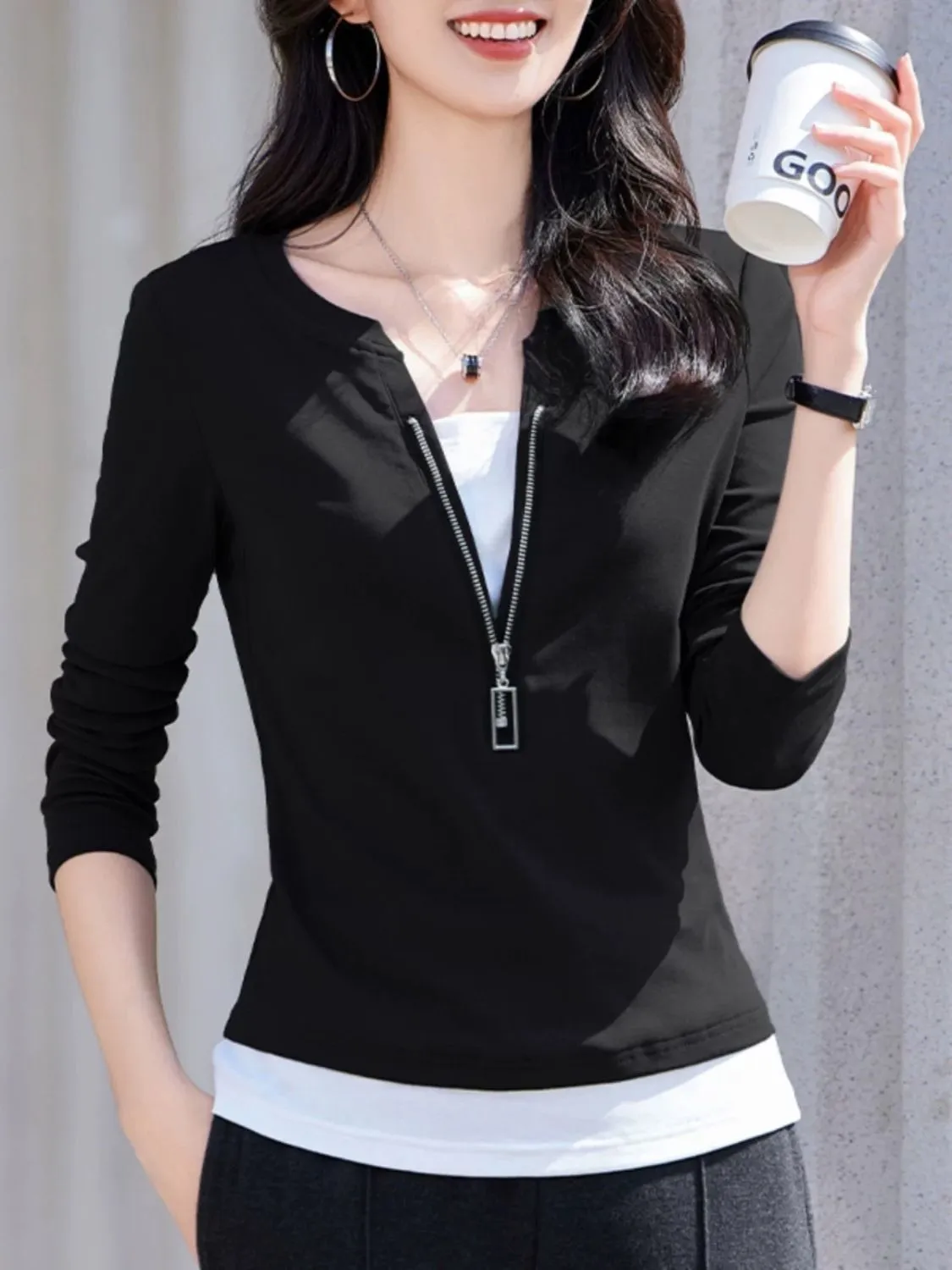 Blusa falsa de dos piezas de m - Women'S Fashion Quarter Zip reseña y precio